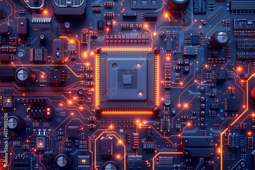 The image shows a close-up of a computer circuit board with a glowing orange CPU.