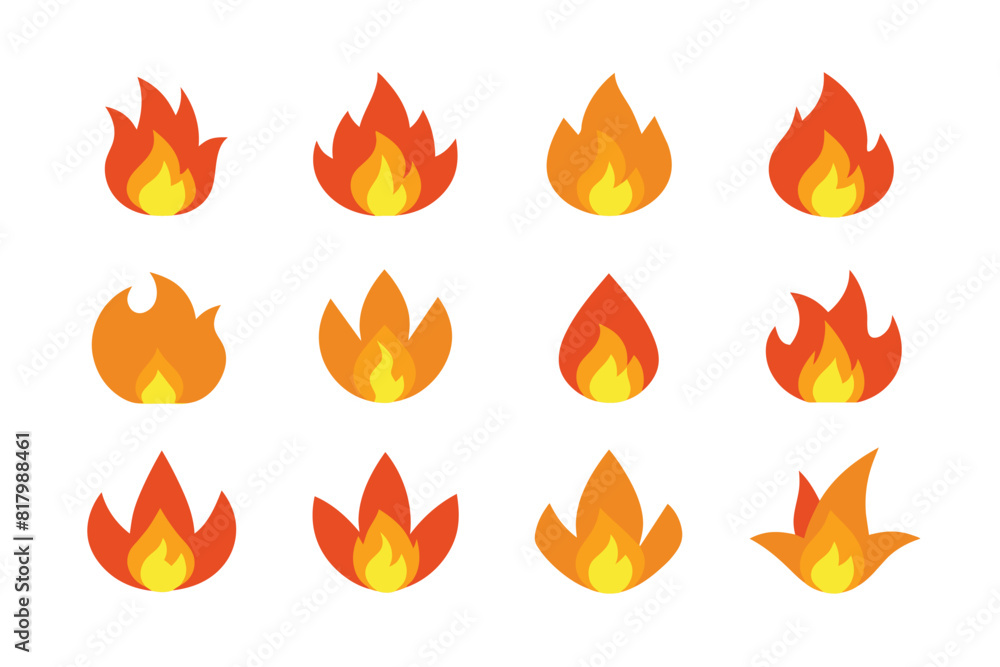 Set of fire flat line icons, flames, flame of various shapes, bonfire vector illustration Silhouette Design with white Background and Vector Illustration