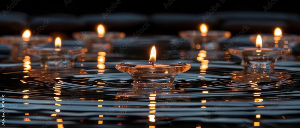 A series of interconnected mirrors reflecting a single candle flame, multiplying its light and representing the ripple effect of faith and good deeds A series of interconnected mirrors reflecting a single candle flame, multiplying its light and representing the ripple effect of faith and good deeds