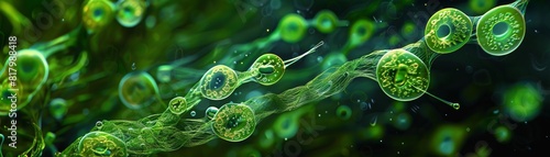 A serene depiction of Euglena, singlecelled protozoa, in their natural aquatic habitat, showcasing their flagella and chloroplasts photo