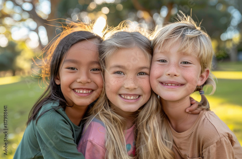 Three girls, one white and two of Asian descent aged between five to seven years old, were in the park hugging each other while smiling at the camera