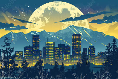 Denver city skyline illustration at night 