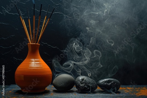 A still life composition of an orange vase with black incense sticks, surrounded by three dark rocks on dramatic effect.