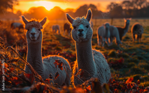 Alpacas standing in field at sunset