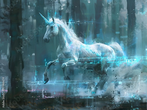 a unicorn gracefully gallops through a digital forest