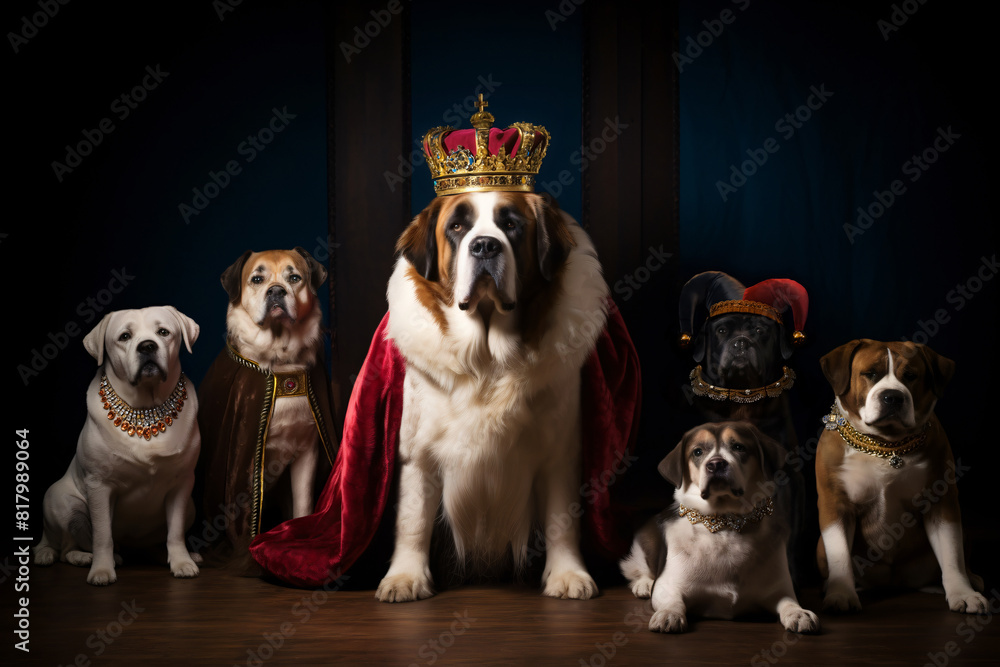 Royal dog family portrait, with a Saint Bernard dressed as a king with red mantel and golden crown and a group of dogs wearing precious jewels and court garments.