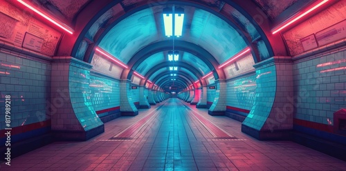 A wide shot of the interior of an old London tube station, retro red and blue color scheme, art style 3d render photo