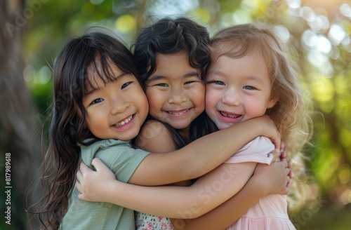 Three girls, one white and two of Asian descent aged between five to seven years old, were in the park hugging each other while smiling at the camera © Kien