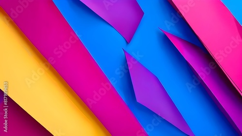 abstract geometric flat lay composition of papers in hues of purple yellow magenta and blue