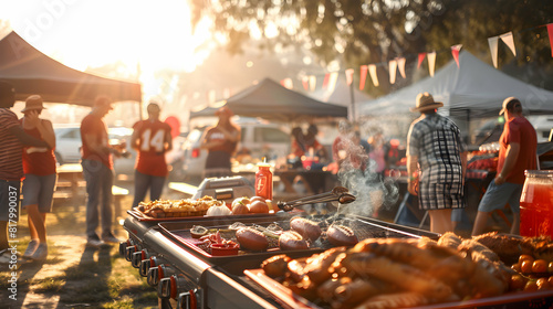 Photo realistic as Fans tailgating before a game   A lively group of fans grilling food, playing games, and getting ready for a big game. Ideal for sports pre game activities and f