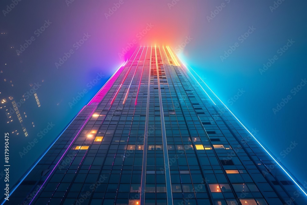 A single skyscraper illuminated with the colors of the transgender flag, standing tall and proud A single skyscraper illuminated with the colors of the transgender flag, standing tall and proud