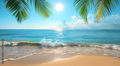 Wallpaper Mural sunny tropical beach with turquoise waves and palm leaves under clear blue sky with copy space Torontodigital.ca