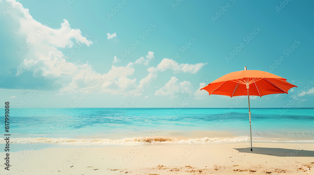Deckchairs and parasol on sunny beach created using generative ai technology