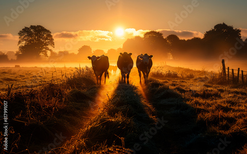 Cows walking in field at sunrise