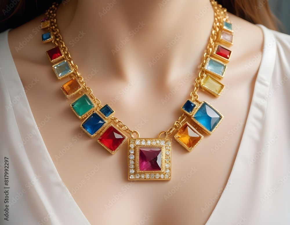 A gold necklace with colorful gemstone-encrusted square pendants A gold necklace with colorful gemstone-encrusted square pendants