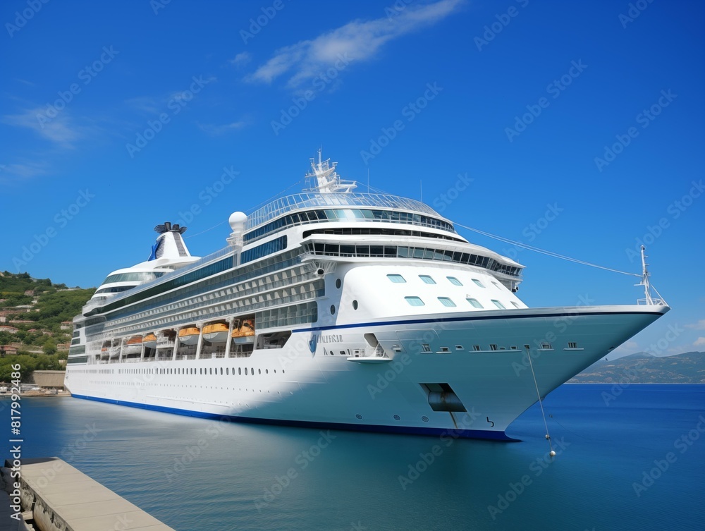 Passengers board a cruise ship on a sunny day at a tropical port.