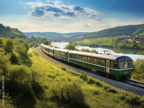 Passenger Train Travels Through Lush Countryside on a Sunny Day