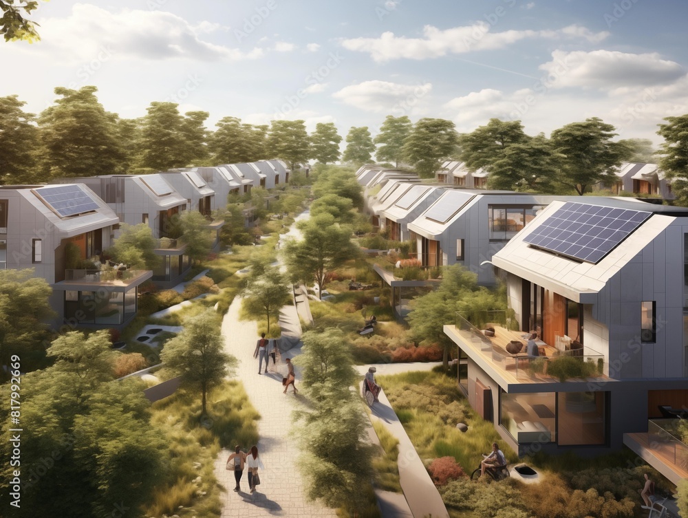 Residents enjoying a sunny day in a modern eco-village Residents enjoying a sunny day in a modern eco-village