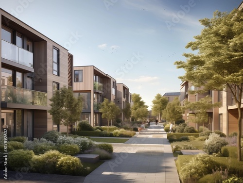 People strolling through a modern housing complex on a sunny day