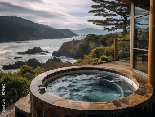Relaxing in a Coastal Hot Tub at Sunset near Hills © P-O-P