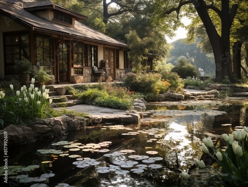 Person Relaxing by a Pond at a Rustic House in a Serene Garden