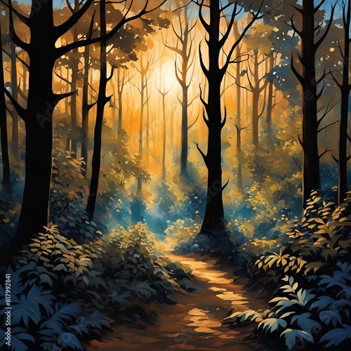 Light and shadow: A scene of a sunset forest with plays of light and shade in the trees.  photo