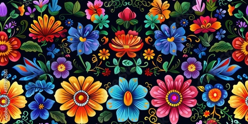 Vibrant Mexican Floral Tapestry - Enriched with Ethnic Embroidery - Ideal for Cultural-Themed Designs - This vector illustration showcases a traditional Mexican flower pattern background
