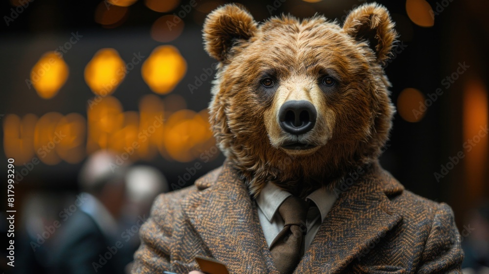 A CEO dressed as a bear giving a keynote speech at a business summit A CEO dressed as a bear giving a keynote speech at a business summit