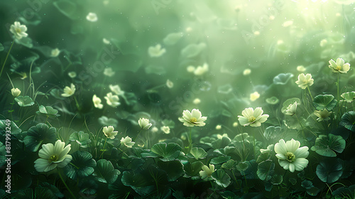 Solid dark green background with lots of free space with a bit of a realistic small photo of Cloverleaf