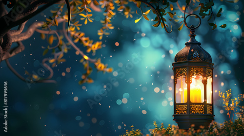 Eid al fitr poster template with a lantern background at nigh