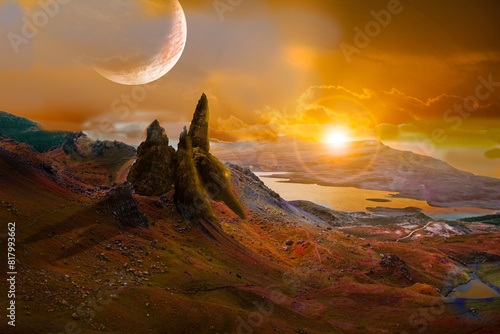Beautiful alien landscape with sunset   fantasy world in outer space  landscape digital art for desktop wallpaper  planet wallpaper  3d illustration