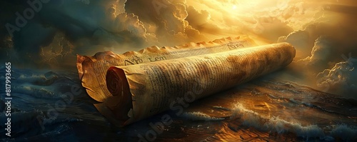 Ancient scriptures unfurling like a scroll, revealing scenes of creation, miracles, and divine intervention