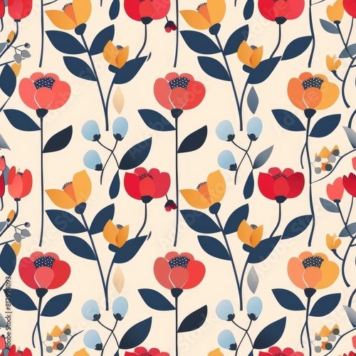 Vibrant Floral Pattern with Red  Blue  and Yellow Blooms