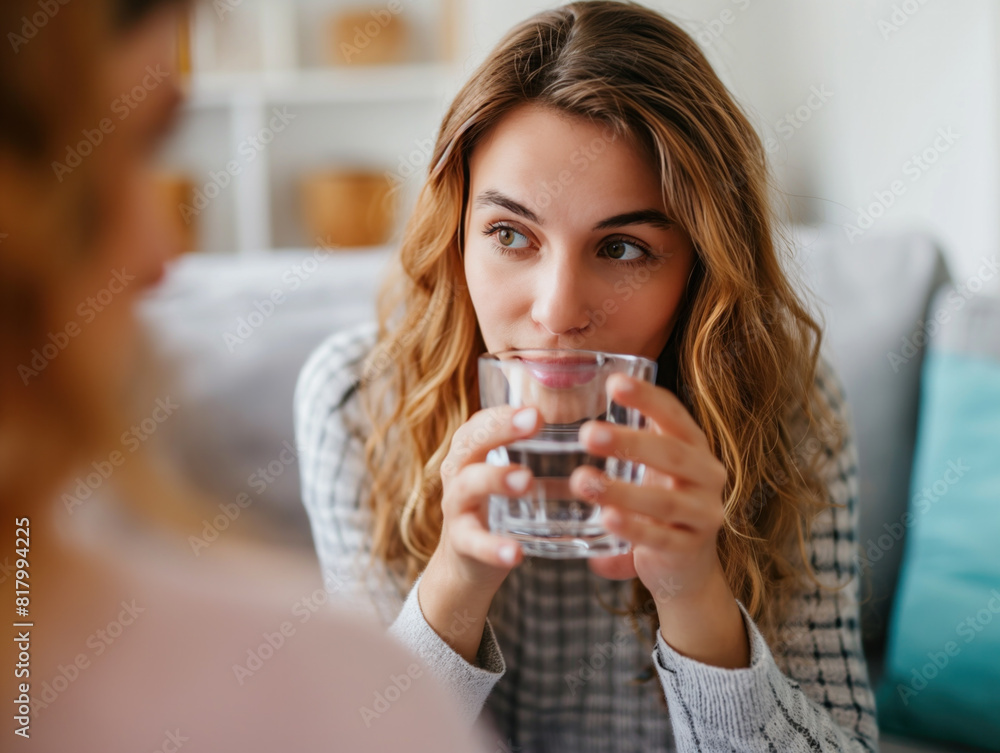 A woman drinks water while having a therapy session with a psychotherapist at home, finding comfort and quenching her thirst simultaneously. A woman drinks water while having a therapy session with a psychotherapist at home, finding comfort and quenching her thirst simultaneously.