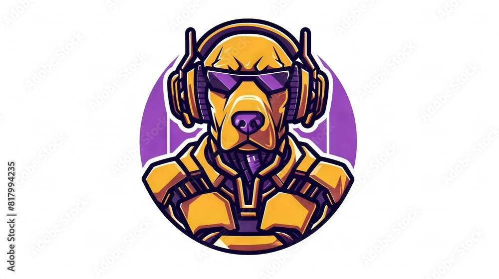 A dog wearing headphones with headphones placed in front of a purple and purple circle against a white background