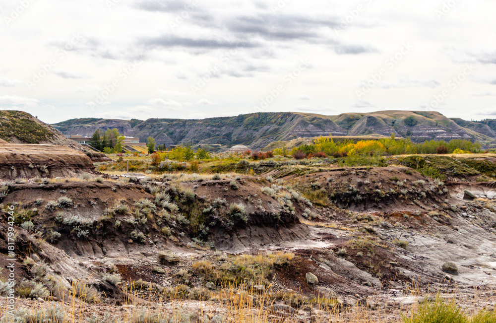 Badlands and fall colours around the town. Drumheller, Alberta, Canada