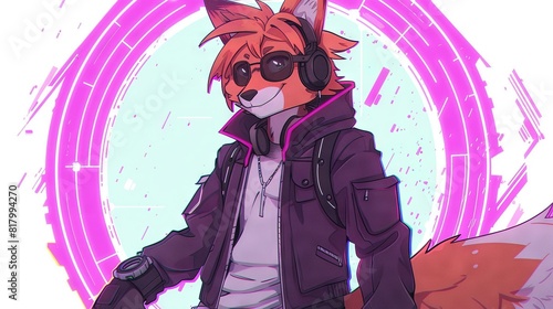  Fox in Headphones in Front of Purple Circle with Fox on Back