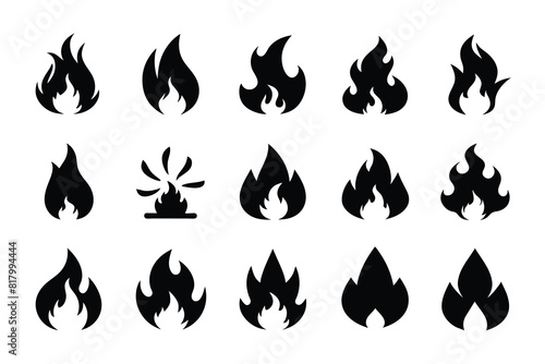 Set of fire flat line icons, flames, flame of various shapes, bonfire vector illustration Silhouette Design with white Background and Vector Illustration