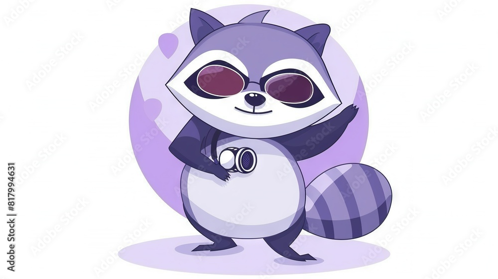 A cartoon raccoon wearing sunglasses holds a camera against a purple backdrop featuring a moon A cartoon raccoon wearing sunglasses holds a camera against a purple backdrop featuring a moon