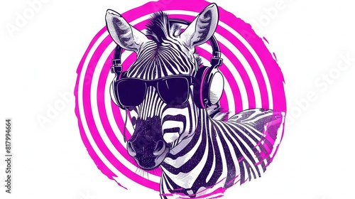   A zebra wearing headphones and sunglasses in front of a pink and white circle