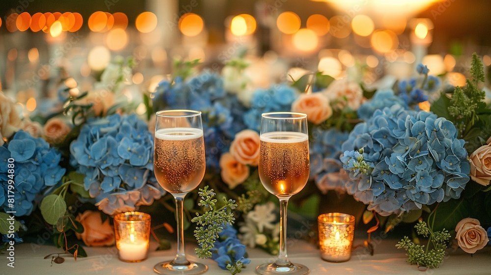   A close-up of two glasses of wine on a table surrounded by a bouquet of flowers and lit candles