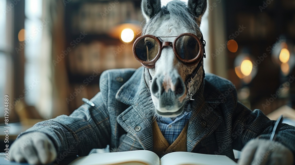 A project manager in a horse suit overseeing a construction project meeting A project manager in a horse suit overseeing a construction project meeting