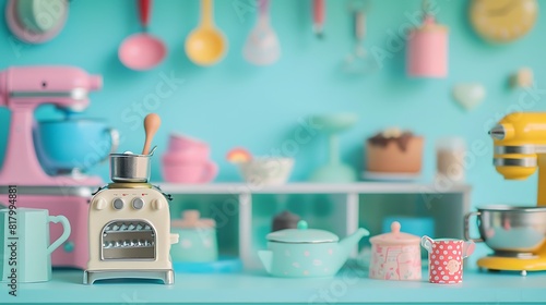Frame of miniature kitchen playsets on a blue background photo