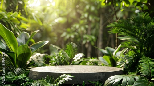 Circular economy concept with a blank product podium, made from recycled materials against a backdrop of lush green foliage, perfect for ecoproduct display photo