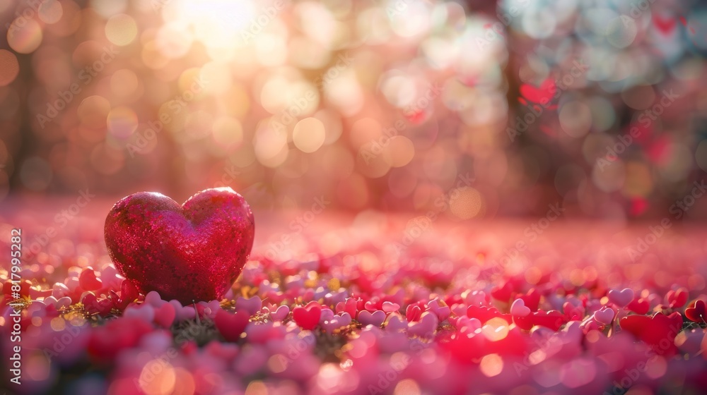 Glittering red heart among tiny pink hearts on a bokeh background creating a romantic and enchanting scene perfect for Valentine's Day and love-themed celebrations. Glittering red heart among tiny pink hearts on a bokeh background creating a romantic and enchanting scene perfect for Valentine's Day and love-themed celebrations.