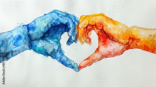   A stunning watercolor depiction of two hands intertwined against a serene white backdrop photo