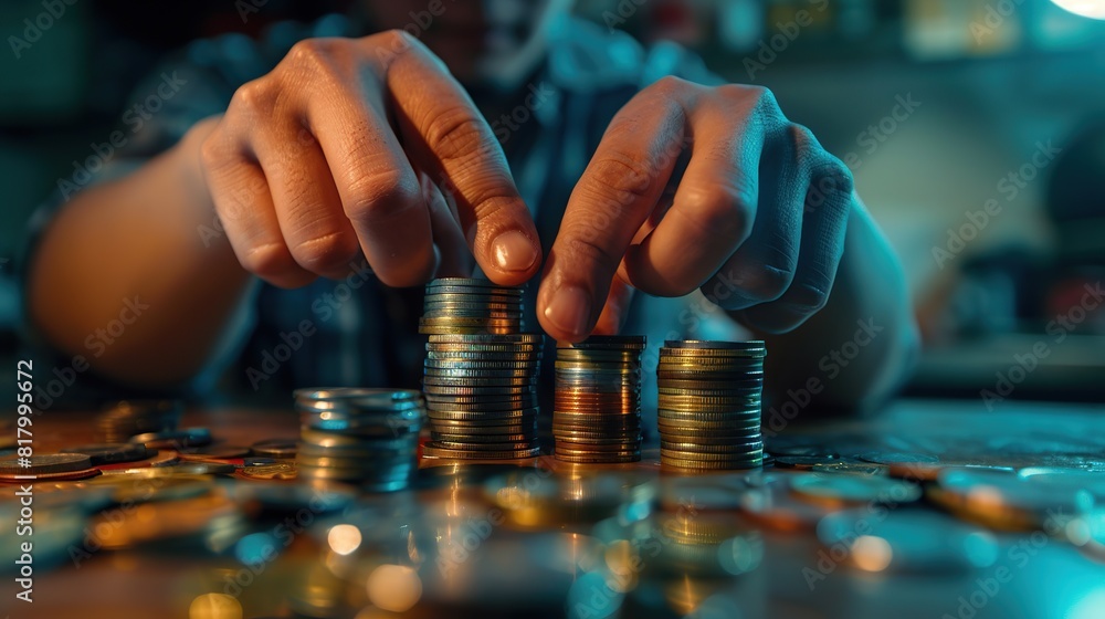 Businessman's hands are stacking coins on a table. Business profit, financial investment and finance growth concept. Businessman's hands are stacking coins on a table. Business profit, financial investment and finance growth concept.