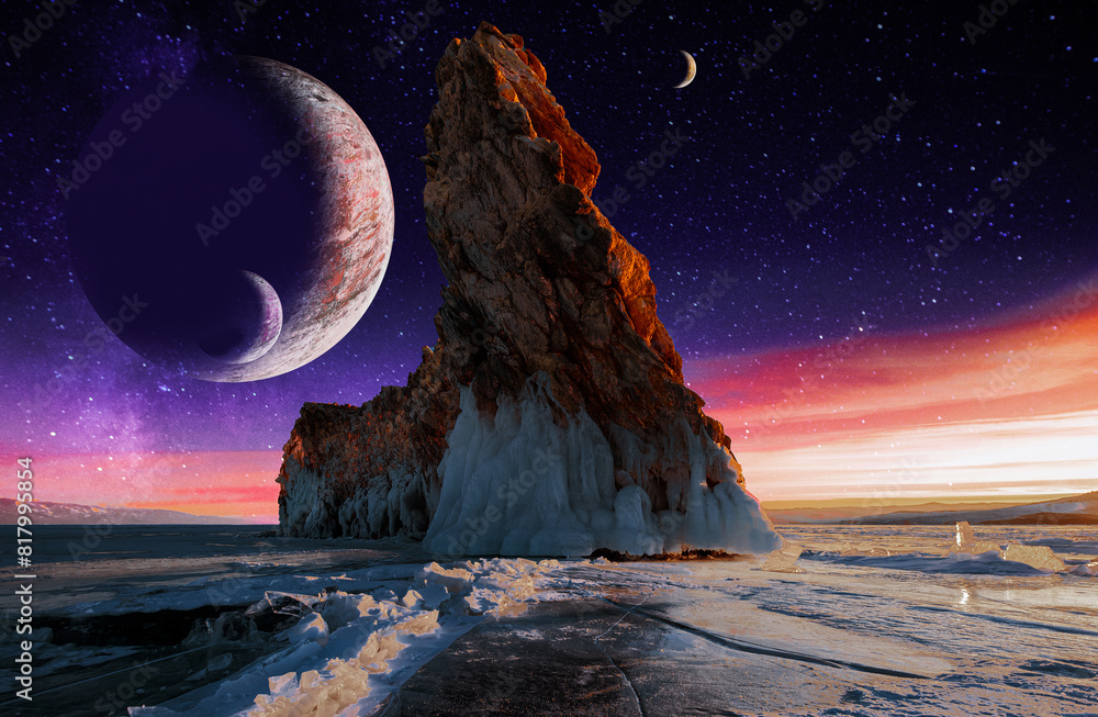 Outer space alien world with an icy landscape, fantasy landscape ...