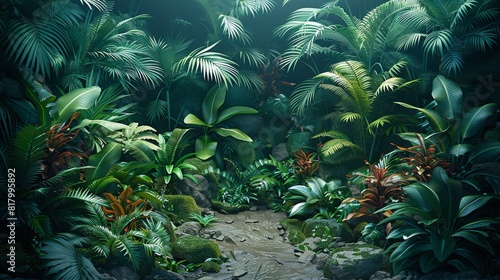 A dark tropical jungle with various carnivorous hostile plants and flora, ashen color floor and dense foliage in the background. Empty centrally lit clearing. Generative AI. photo