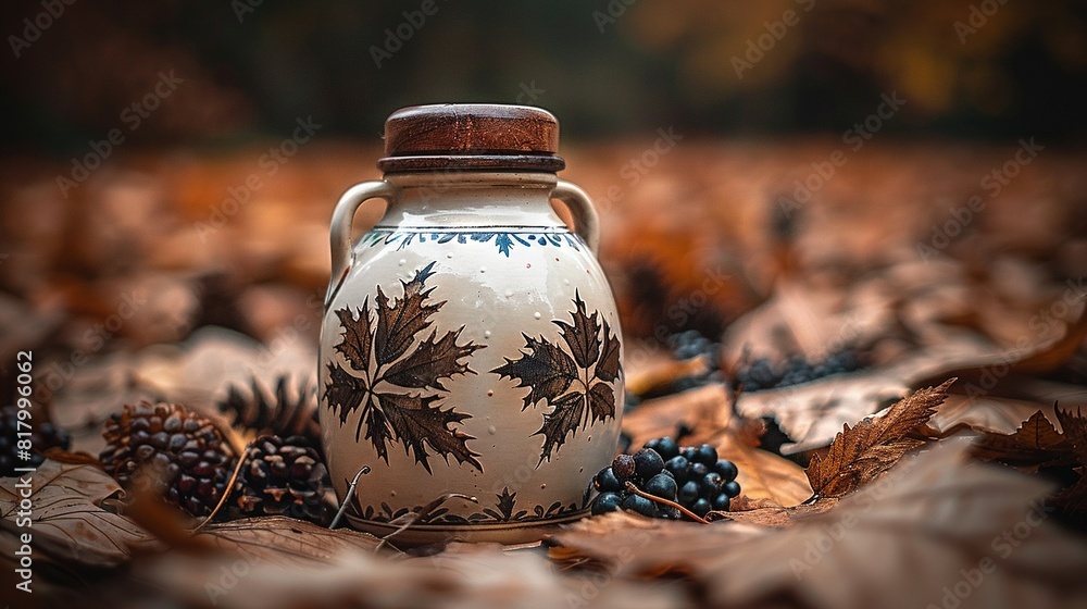 A ceramic jar rests atop a mound of leaves, surrounded by a cluster of berries both above and below A ceramic jar rests atop a mound of leaves, surrounded by a cluster of berries both above and below